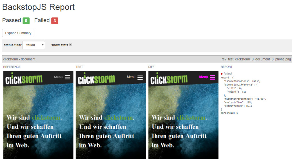 Ergebnissansicht von Backstop.js mit 3 Screenshots der mobilen clickstorm.de-Seite, Unteschiede im 3. Screenshot dargestellt