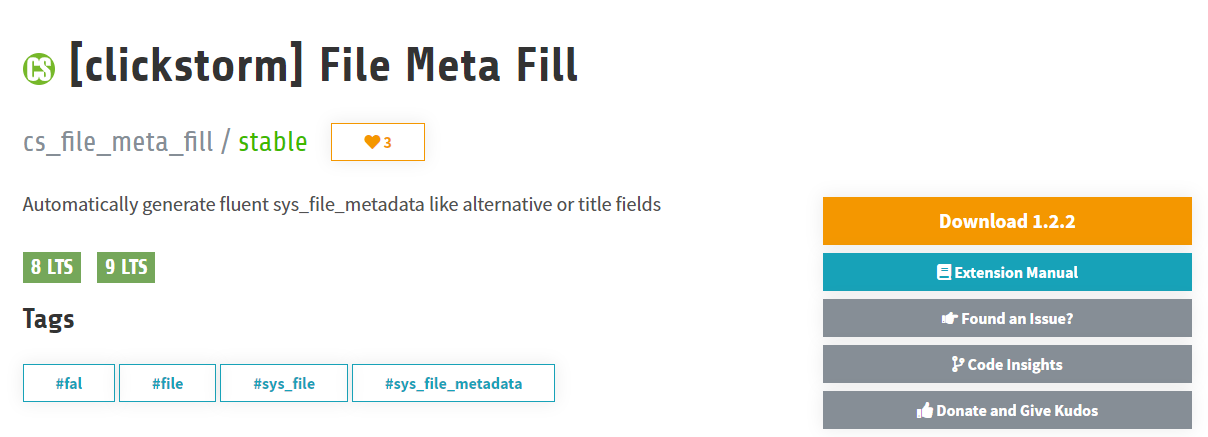 Screenshot cs_file_meta_fill im Extension-Repository. cs_file_meta_fill generiert TYPO3 Metadaten automatisch