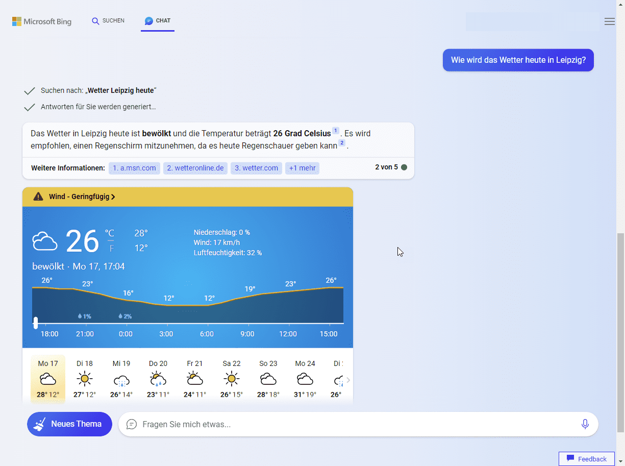 Bing nutzt GPT um zu Zeigen, wie das Wetter heute in Leipzig wird.