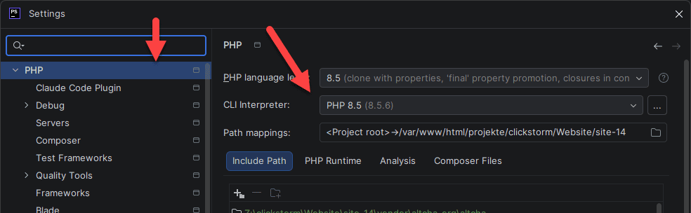 PhpStorm Einstellungen für Codeception in PHP den richtigen CLI Interpreter festlegen