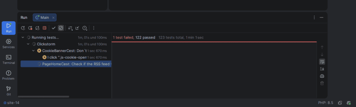 Codeception Tests laufen im PhpStorm. Ein Test bereits fehlgeschlagen, 122 schon passiert.