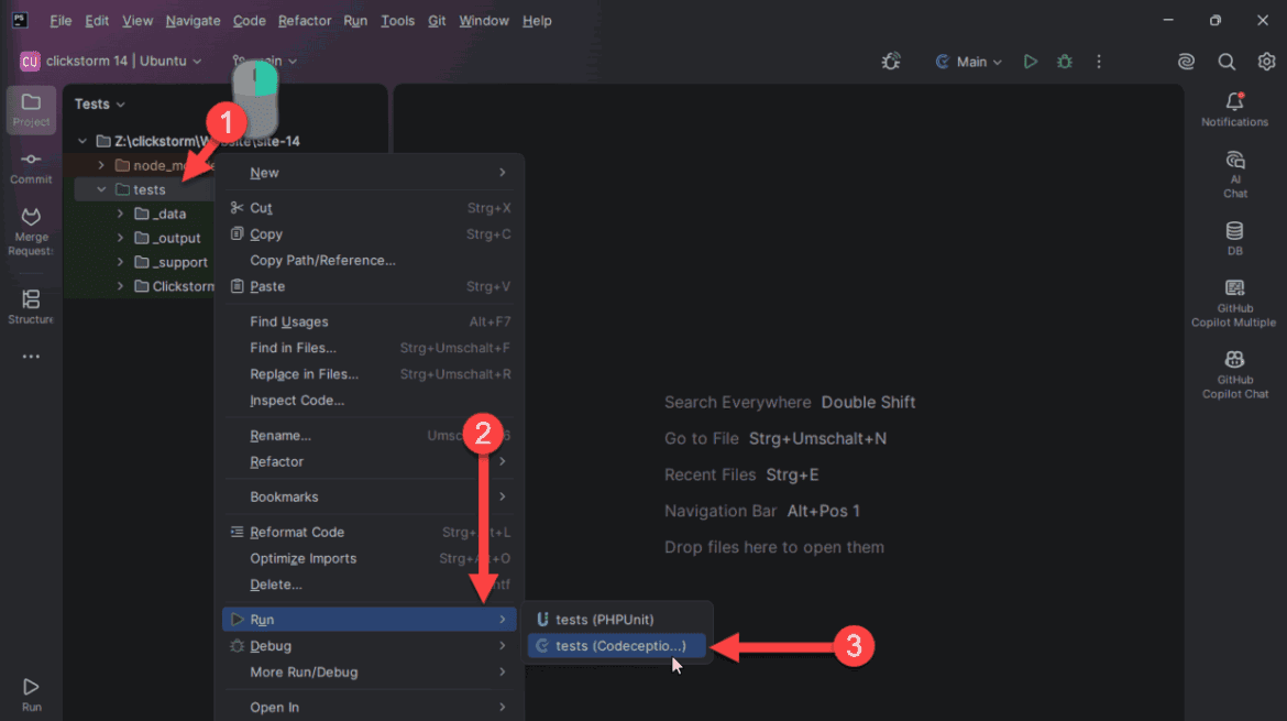 Codeception Tests in PhpStorm starten mit Rechtsklick auf den Test-Ordner, dann Run, dann Codeception wählen