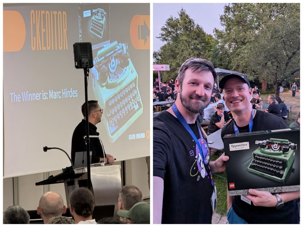 Collage aus 2 Bilder: links Bild mit der Folie die Zeigt 'der Gewinner ist' und rechts bei der Übergabe der Typwriter Maschine