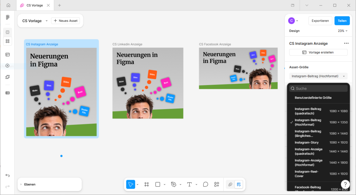 Figma Buzz mit zwei Vorlagen für Instagram und Facebook zur Erstellung von Social-Media-Assets.