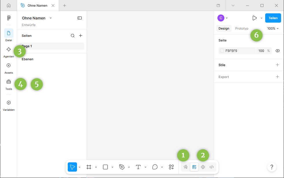 Screenshot der Figma-Designoberfläche mit Seiten- und Ebenenübersicht links, Arbeitsfläche in der Mitte und Design- und Prototyping-Einstellungen rechts.