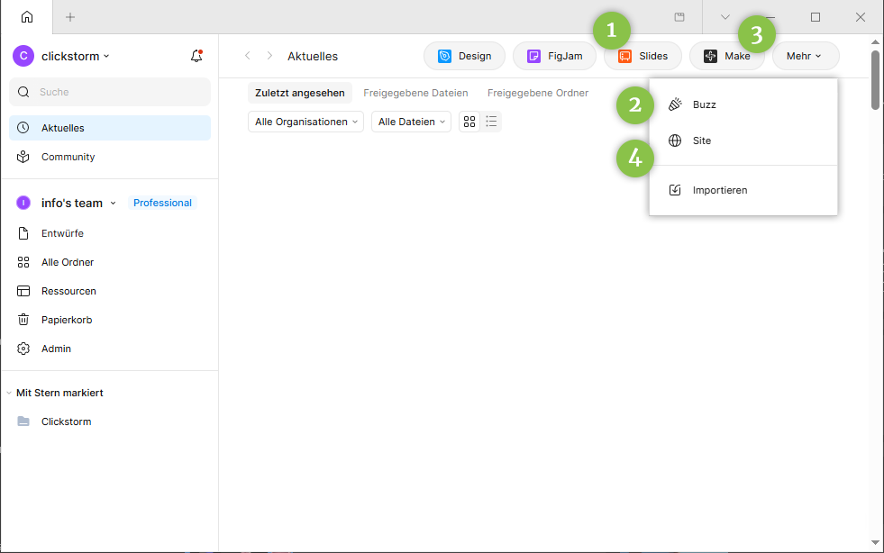 Screenshot der Figma-Startseite mit den Bereichen Design, FigJam, Slides und Make sowie einem Menü mit Buzz, Sites und Importieren.