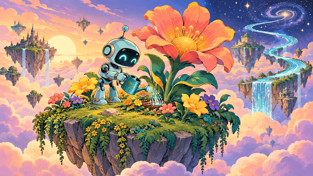 Ein gezeichneter Roboter gießt riesige Blumen auf einer schwebenden Insel zwischen Wolken.