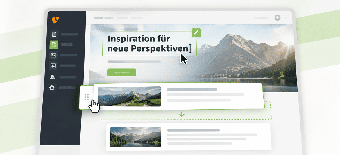 Illustration des TYPO3 Frontend Editings mit direkt bearbeitbarer Überschrift und verschiebbarem Inhaltselement.