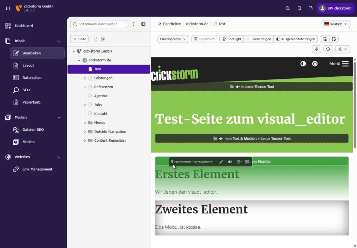 TYPO3 visual_editor: Ein Inhaltselement wird im Visual Editor ausgewählt und an eine andere Position gezogen