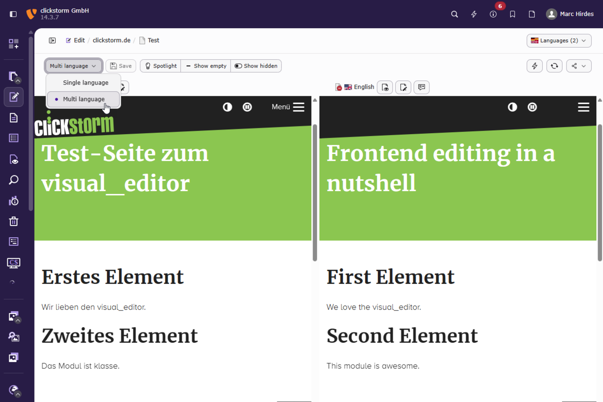 TYPO3 Visual Editor zeigt deutsche und englische Seiteninhalte zur parallelen Bearbeitung.