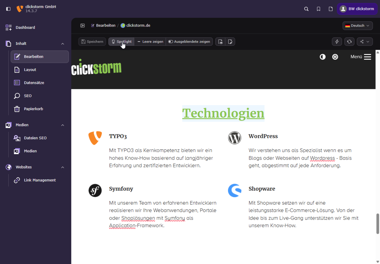 TYPO3 Visual Editor ohne Spotlight