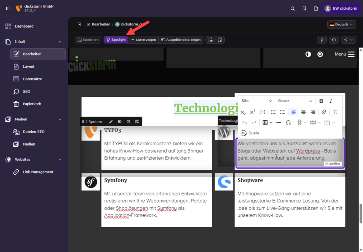 Spotlight im TYPO3 Visual Editor hebt bearbeitbare und leere Inhaltsfelder hervor.