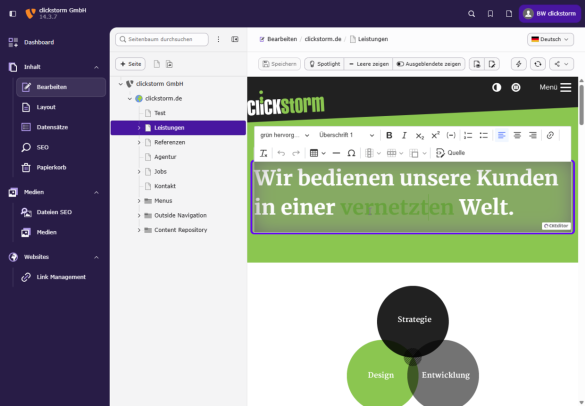 TYPO3 Visual Editor mit direkt bearbeitbarer Überschrift im Seitenlayout