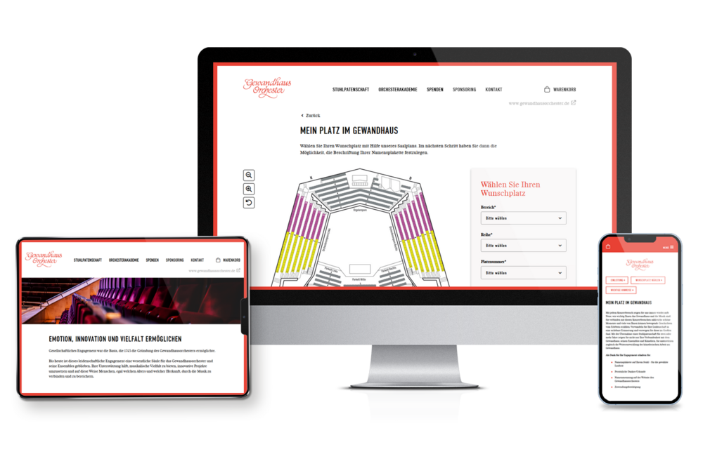 Seite der Gewandhaus Leipzig Stuhlpatenschaften auf unterschiedlichen Endgeräten