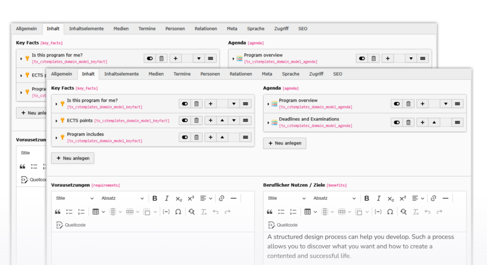 TYPO3 Backend mit Abbildung eines Inhaltselementes