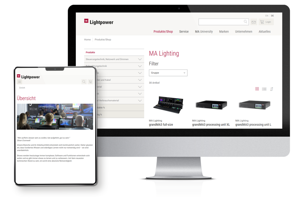 Produktübersicht von Lightpower auf Mac und Übersichtsseite auf Tablet