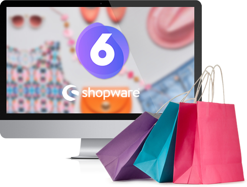 Monitor mit Shopware Logo und Einkaufstüten davor