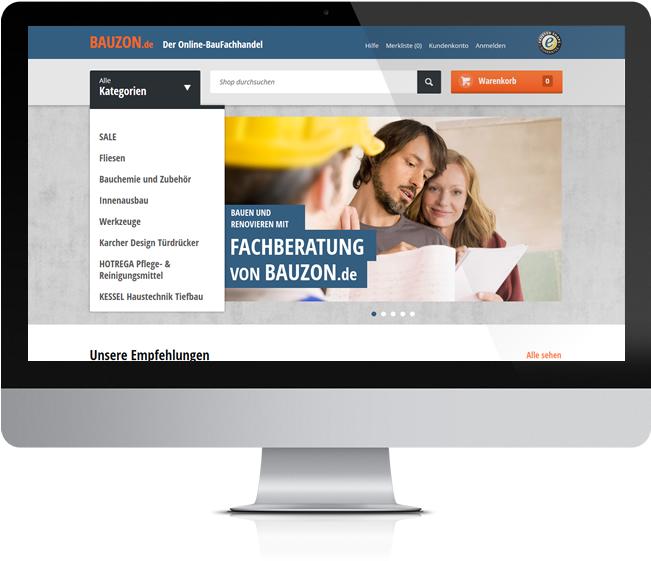 Bauzon - Screenshot vom Onlineshop, Startseite