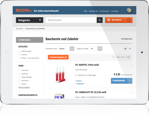 Bauzon - Screenshot vom Onlineshop, Produktübersicht