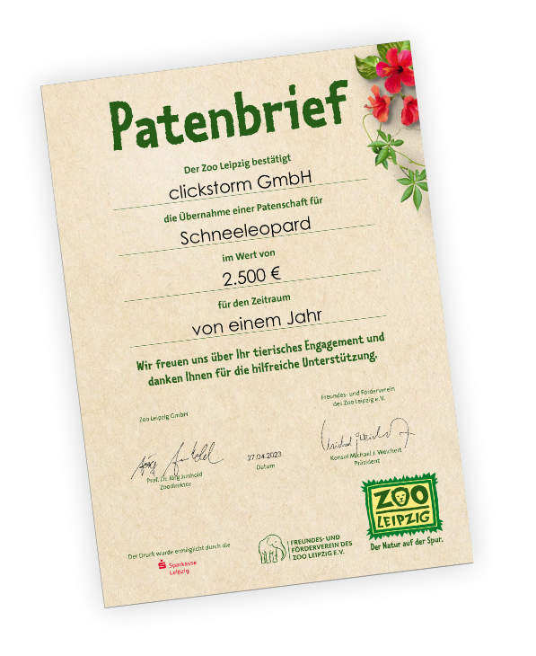 Patenbrief vom Förderverein Zoo Leipzig für die clickstorm GmbH