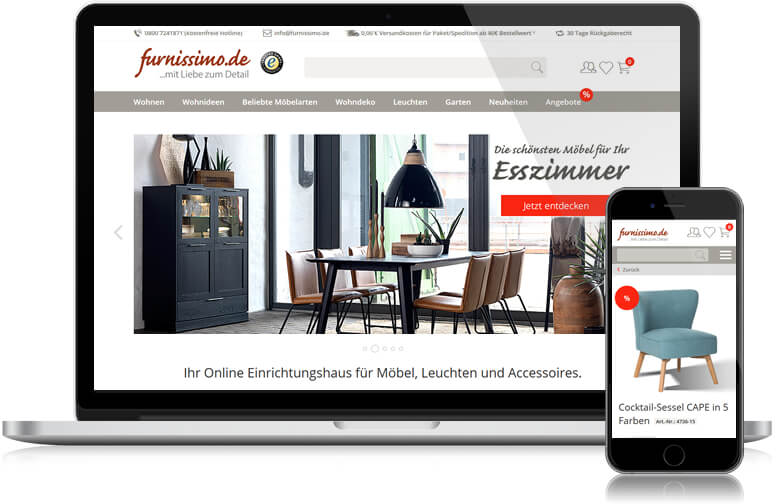 Startseite und mobile Ansicht von furnissimo.de