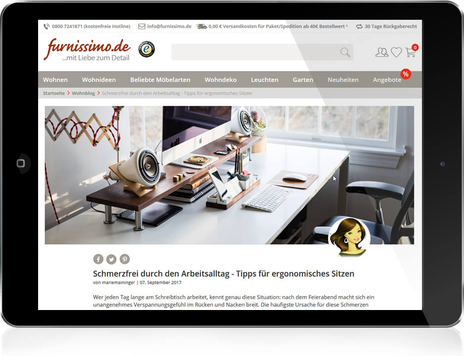 Startseite von furnissimo.de auf Tablet
